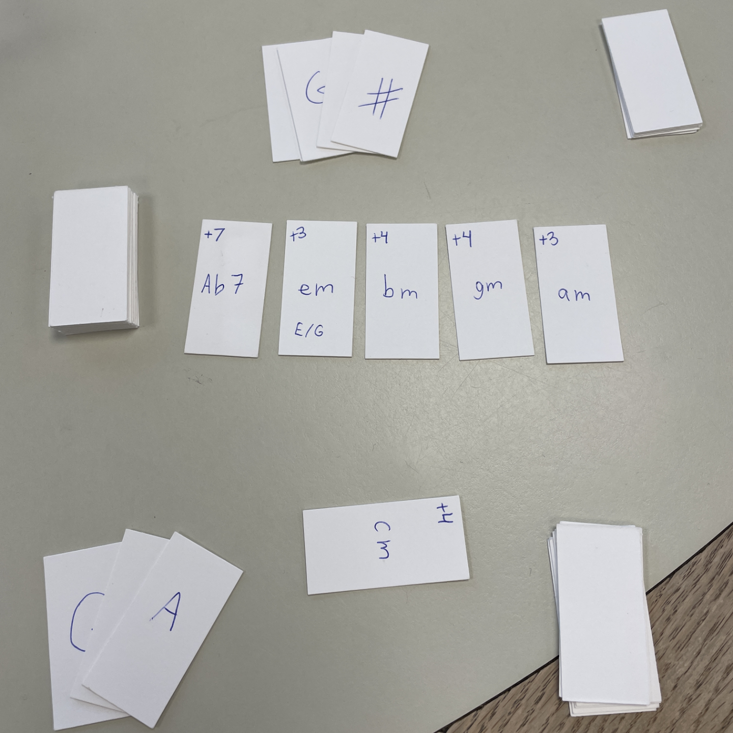 Small slips of paper laid out into decks and rows, with music notes and numbers hand-written on them.