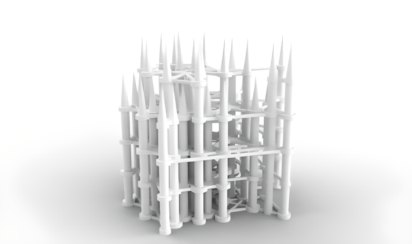 Many tall, skinny towers, densely connected.