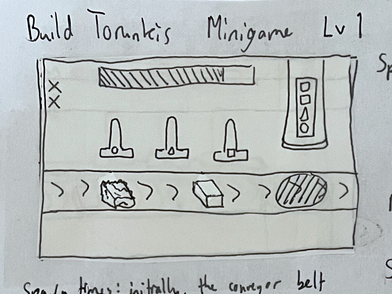 A sketch of a minigame with clay blocks moving left to right across a conveyor belt, side view. There are three handheld stamps above the conveyor belt, each with a different shape. At the right side of the conveyor belt is a machine press, with a list of shapes on it. There are two X's in the top-left, and a progress bar along the top center.